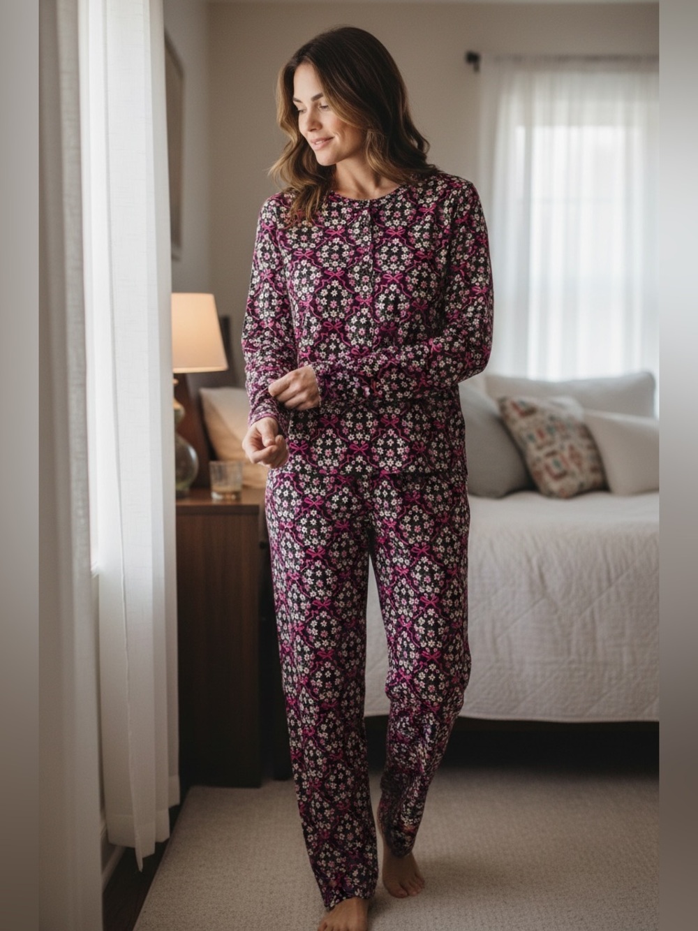 Land’s End Floral Long-Sleeve Pajama Set - Pink & Black Small 6-8 Button On Top